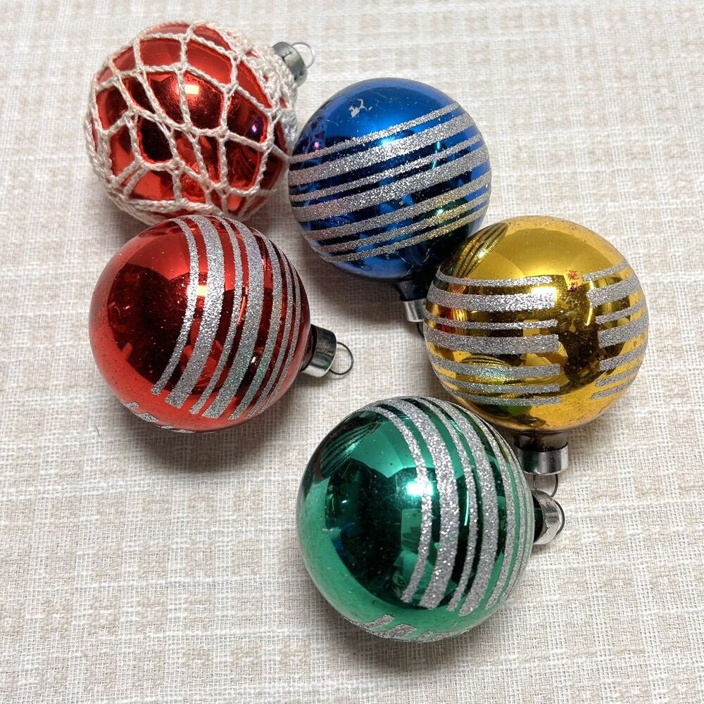 Vintage Mercury Glass 5 set Mica Stripe Round Bauble Christmas Ornaments Glitter